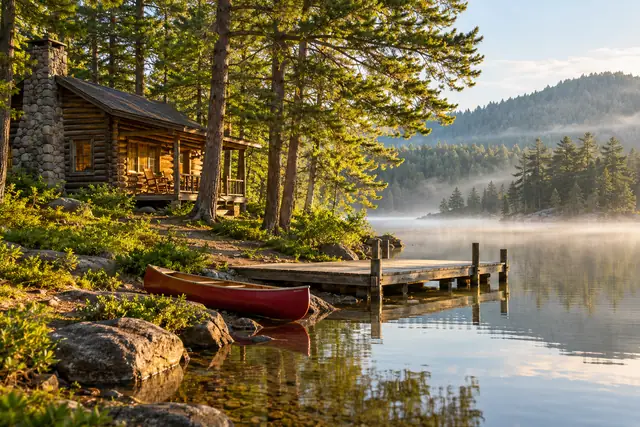 A lakeside camp cabin and canoe surrounded by pine trees.