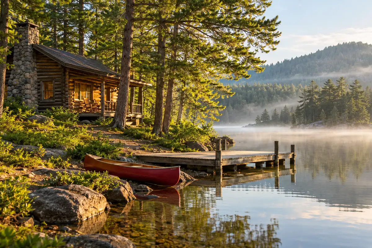 A lakeside camp cabin and canoe surrounded by pine trees.