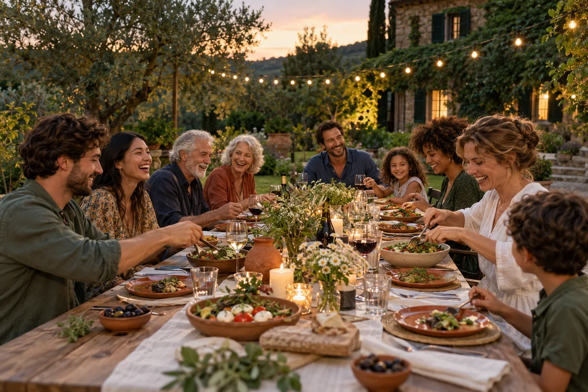 Family and friends sharing dinner in a garden beneath string lights.