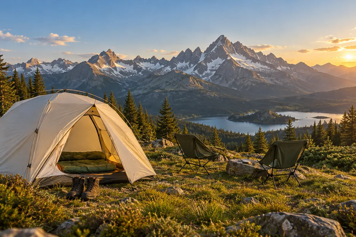 A tent and camping chairs overlooking a mountain landscape.