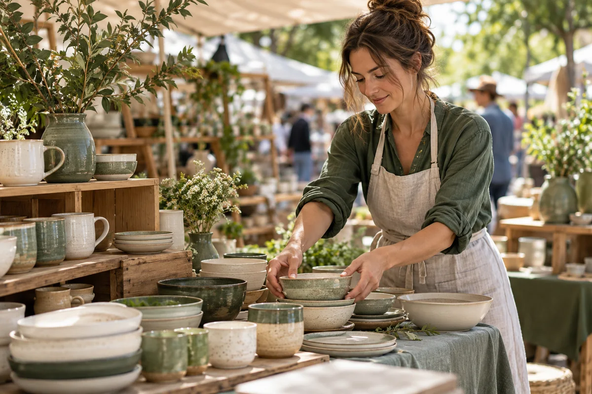 An artisan arranging handmade ceramics at an outdoor market stall.